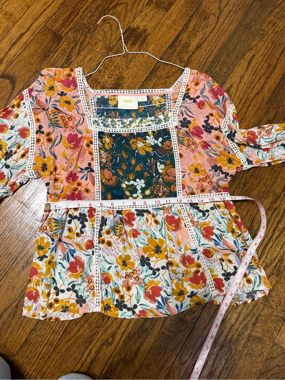 Anthropologie Maeve Floral Patchwork Peasant Blouse in Pink, Green, Yellow - Picture 10 of 13